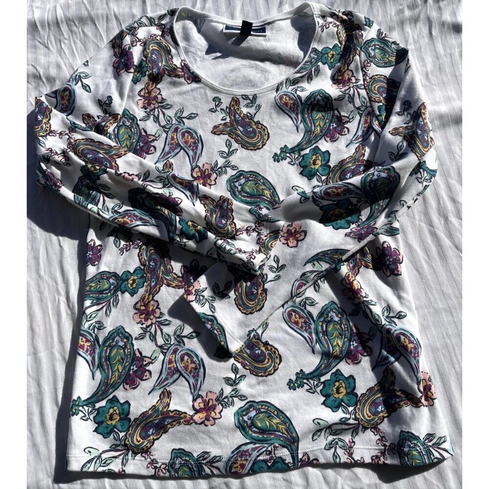 Karen Scott Sport Shirt Top Women's Small White Blue Flowers 3/4 Sleeve